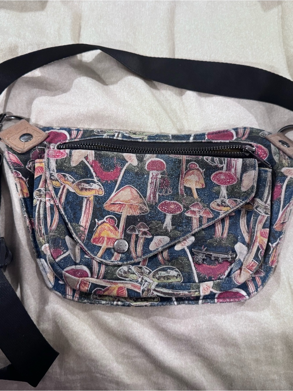 Canvas Mushroom-Print Crossbody Bag in Blue and Pink